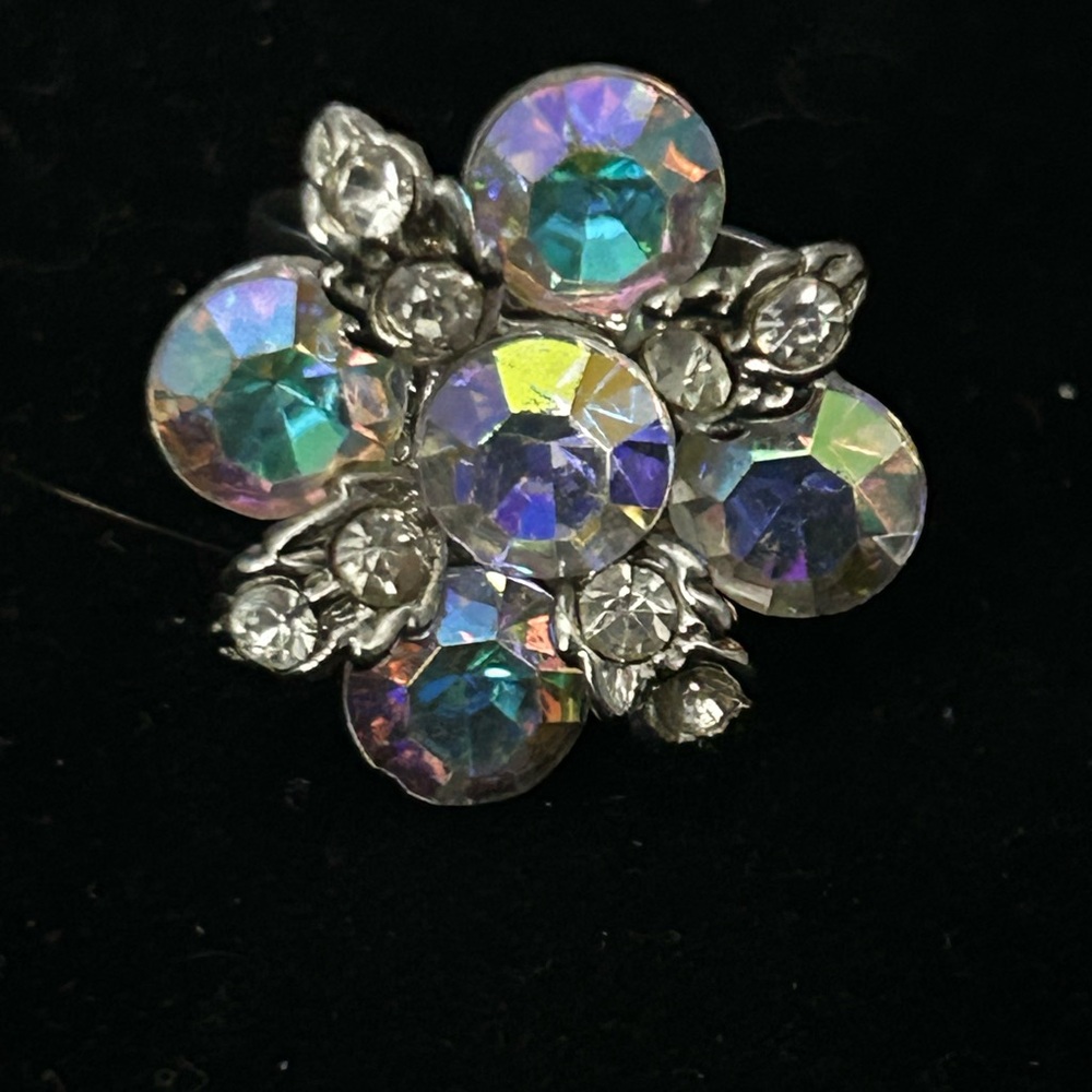 Floral Silver and Iridescent Crystal Ring